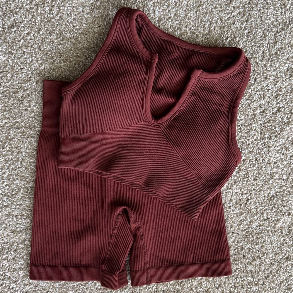 Brown Ribbed Sports Bra and Shorts Set